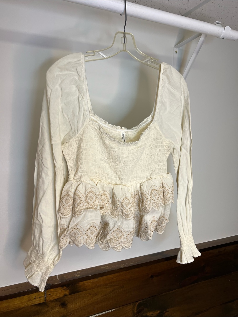 AEO Cream Peasant Smocked Long-Sleeve Top with Lace Trim- L